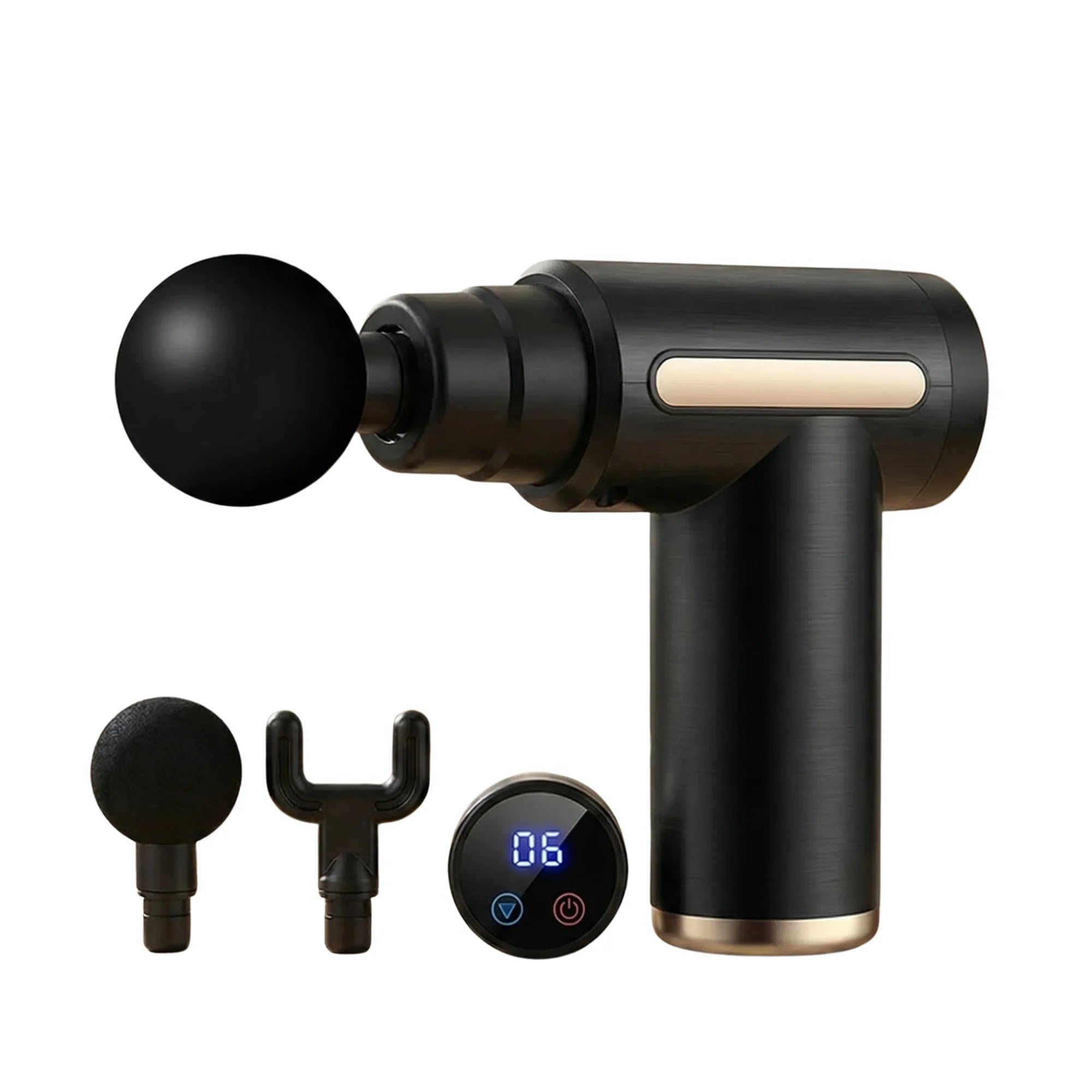 presentation pistolet de massage noir avec accessoires