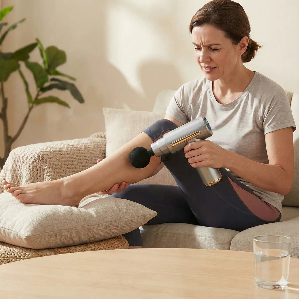 femme se soigne une blessure avec le pistolet de massage